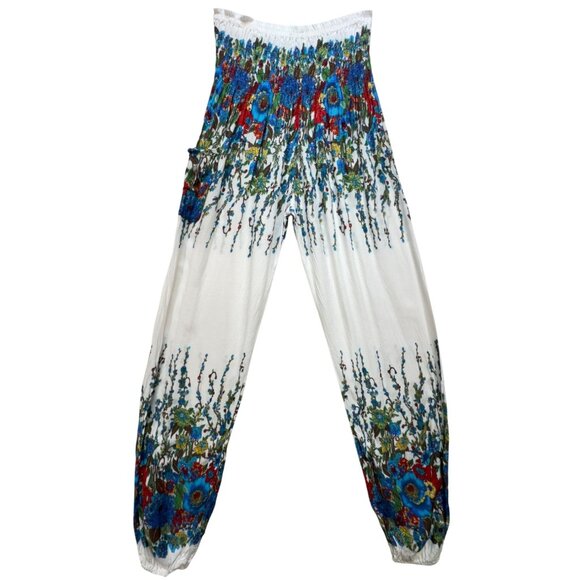 Elepants Women's Boho Harem Hippie Pants Cold Wash White Blue Floral Stretch - Picture 1 of 16